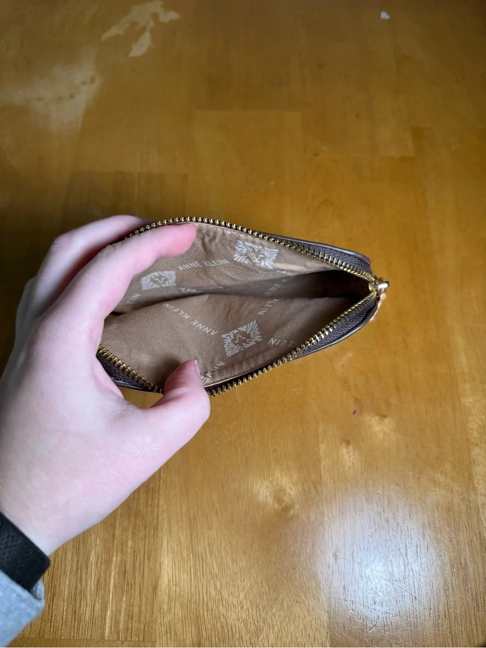 Anne Klein Dark Brown Zip Cosmetic Pouch with Gold Logo